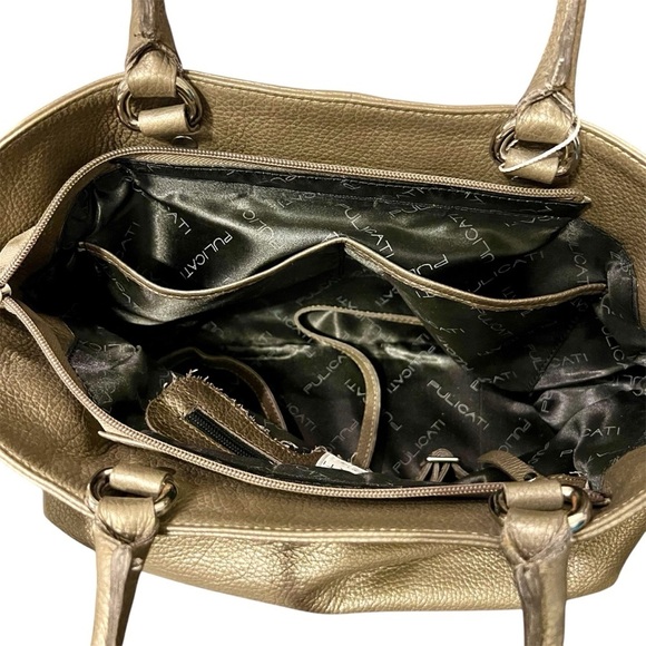 PULICATI Italian Leather Hand Bag Crossbody Champagne Gold & Black NWT - Picture 5 of 12